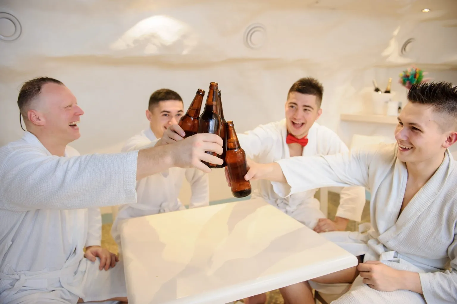 A stag group relaxing with beer in Riga
